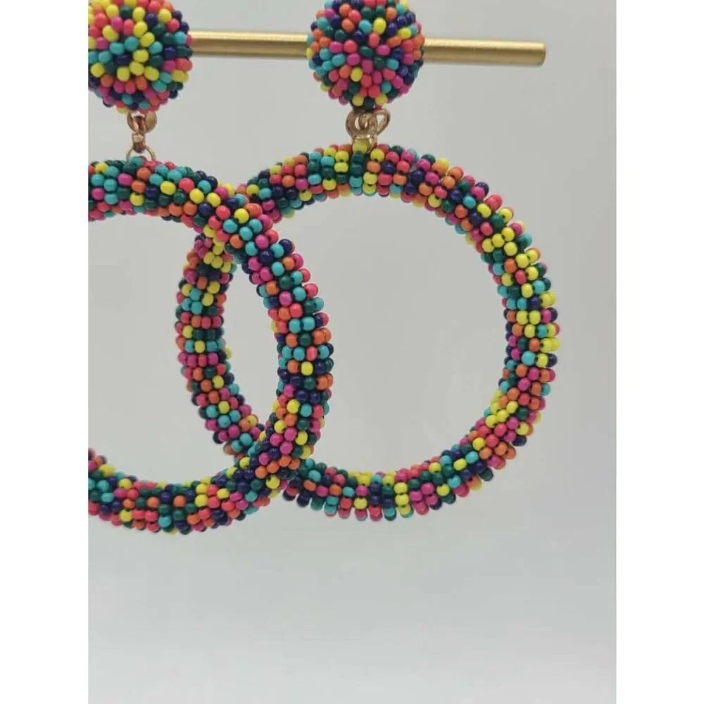 Colorful Beaded Hoop Stud Earrings
